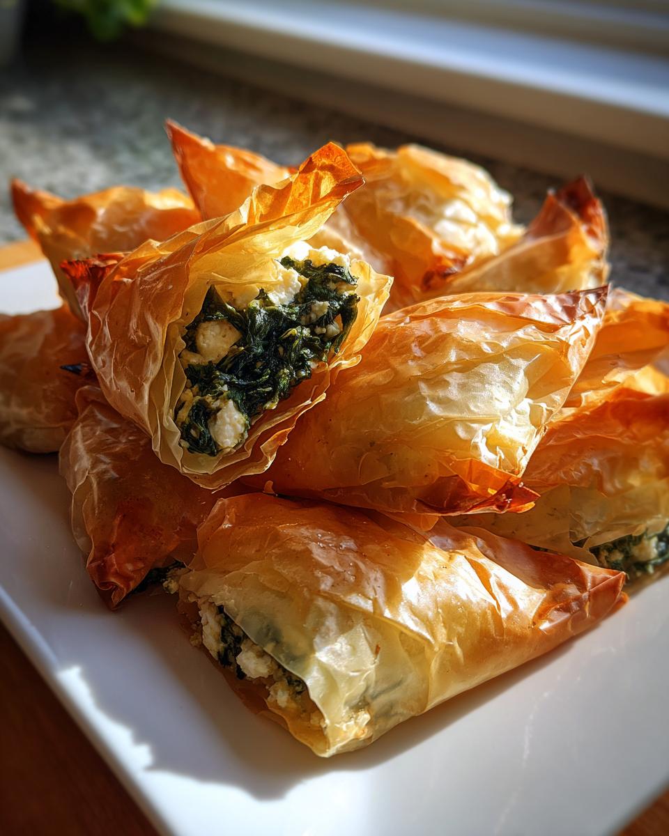 A pile of golden, flaky Mediterranean Spinach and Feta Cheese Crisps served on a white plate.