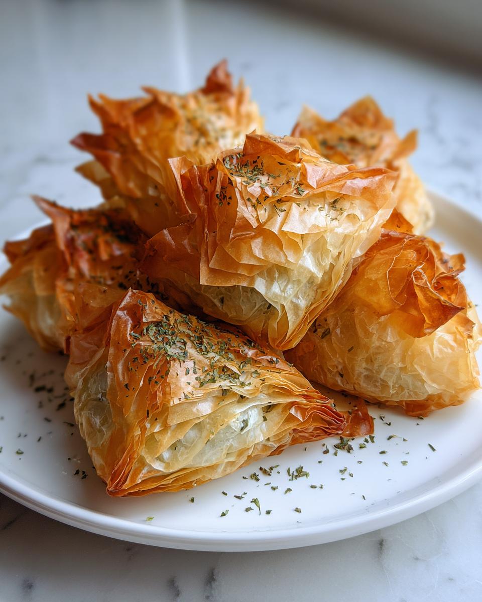 A stack of golden, flaky Mediterranean Spinach and Feta Cheese Crisps sprinkled with dried herbs on a white plate.