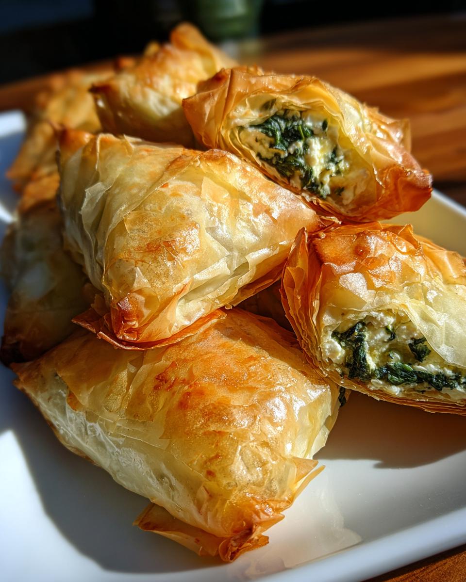 Close-up of flaky, golden Mediterranean Spinach and Feta Cheese Crisps stacked on a white plate, one cut open showing filling.