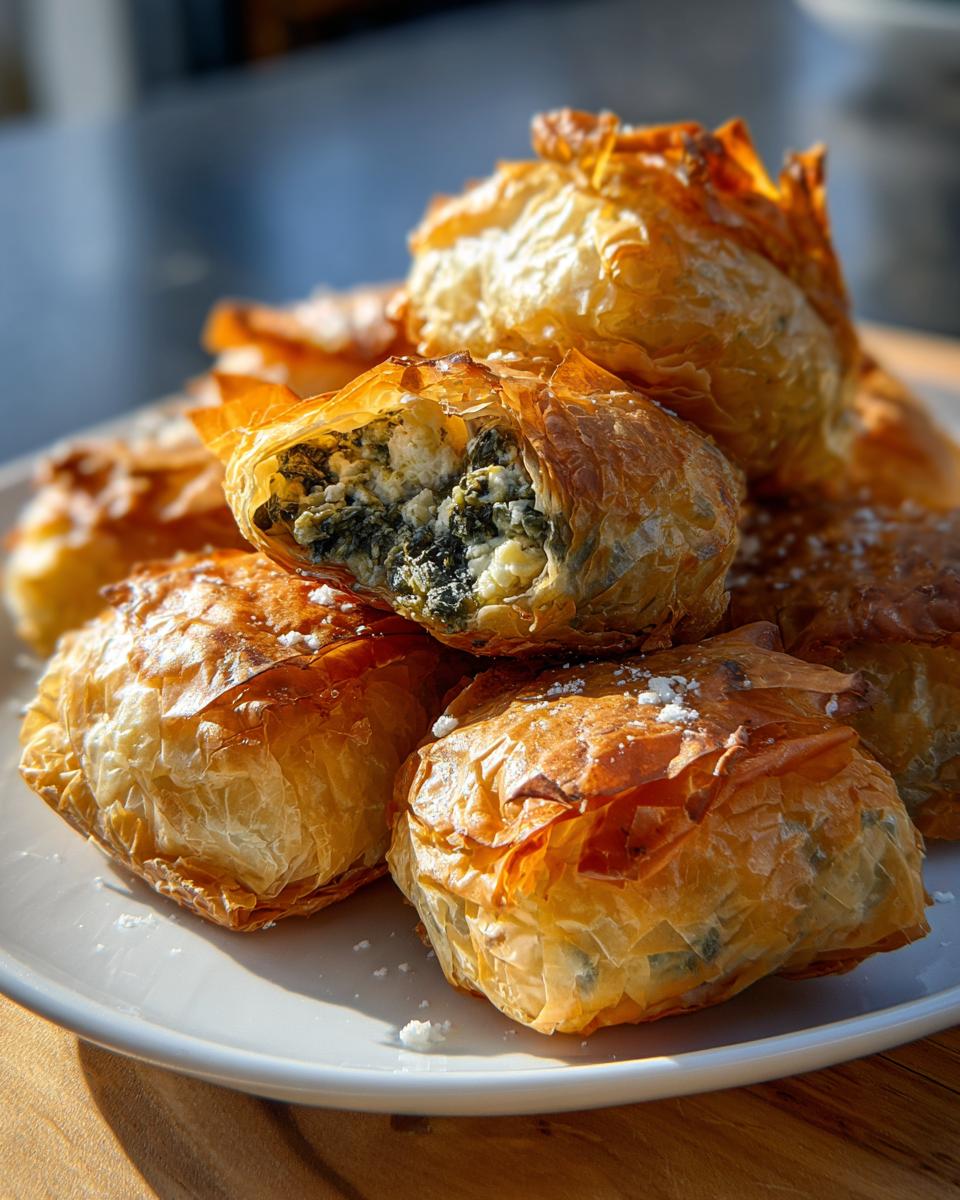 Close-up of golden, flaky Mediterranean Spinach and Feta Cheese Crisps piled on a white plate, one is cut open.