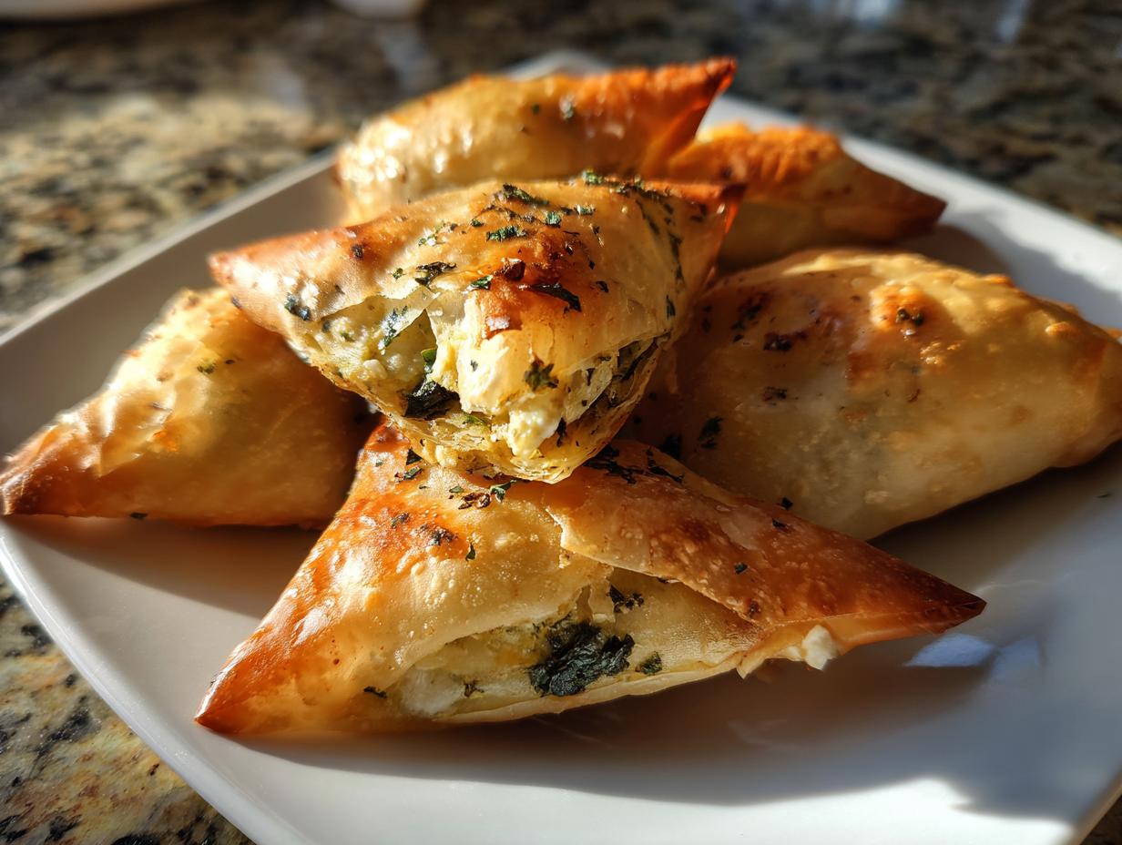 Close-up of golden, flaky Mediterranean Spinach and Feta Cheese Crisps stacked on a white plate, showing the cheesy filling.