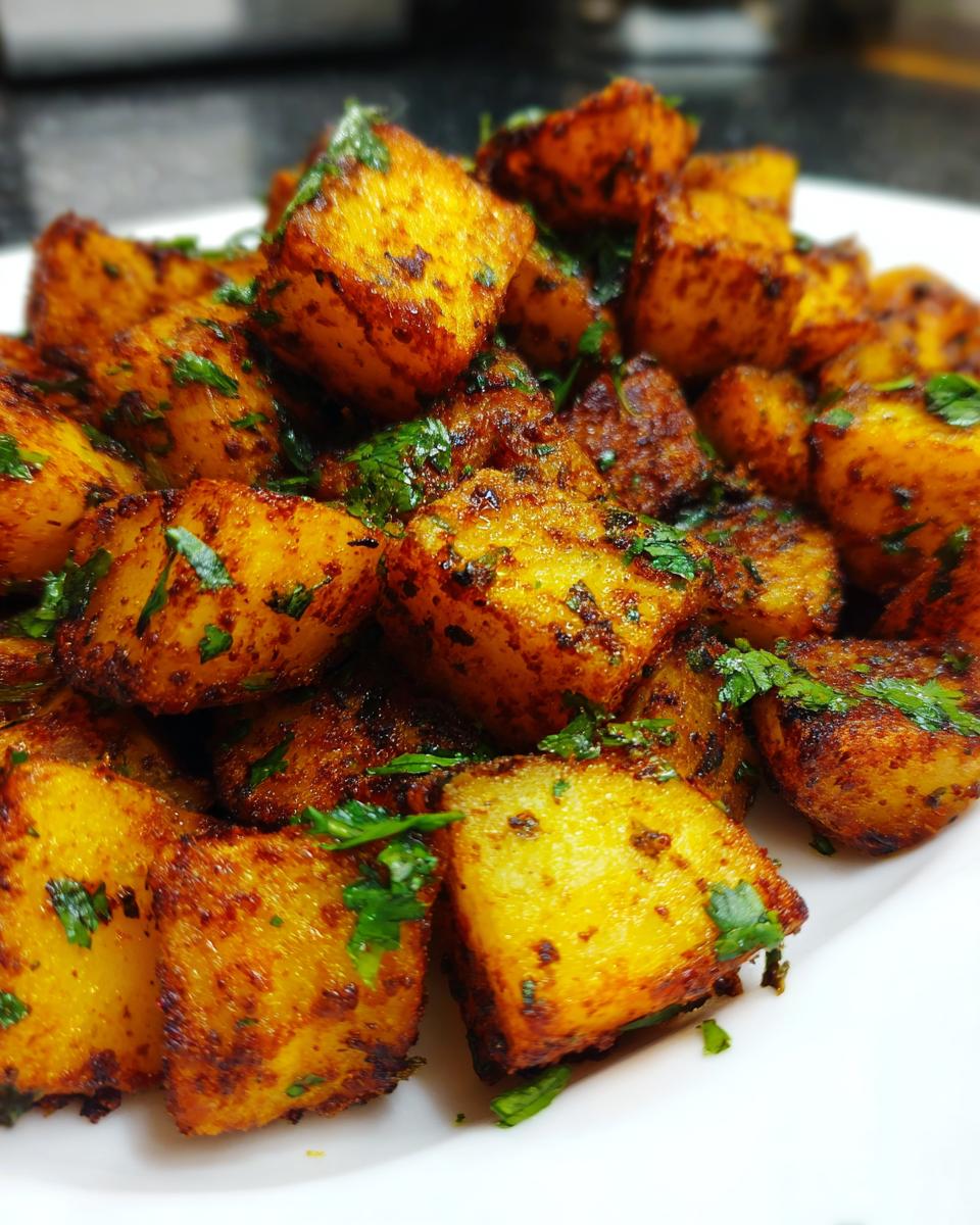 Close-up of perfectly seasoned and roasted Mexican potatoes garnished with fresh green cilantro.