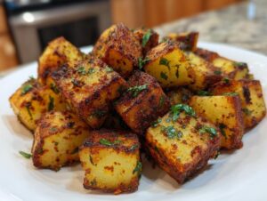 Close-up of crispy, golden Mexican potatoes seasoned with spices and garnished with fresh cilantro.