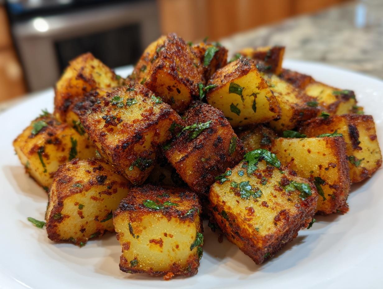 Close-up of crispy, golden Mexican potatoes seasoned with spices and garnished with fresh cilantro.