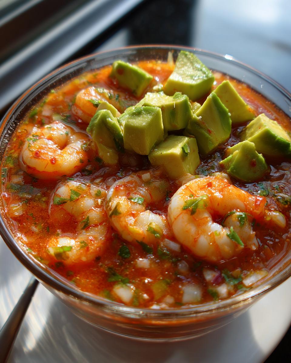 Close-up of a glass bowl filled with vibrant Mexican shrimp cocktail, featuring plump shrimp and diced avocado chunks.