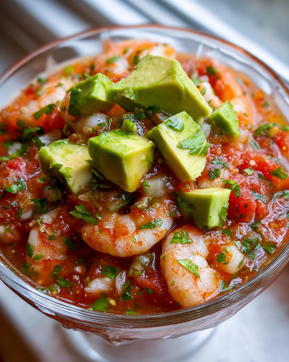 Close-up of a glass filled with vibrant Mexican shrimp cocktail, featuring plump shrimp, tomato sauce, and diced avocado on top.