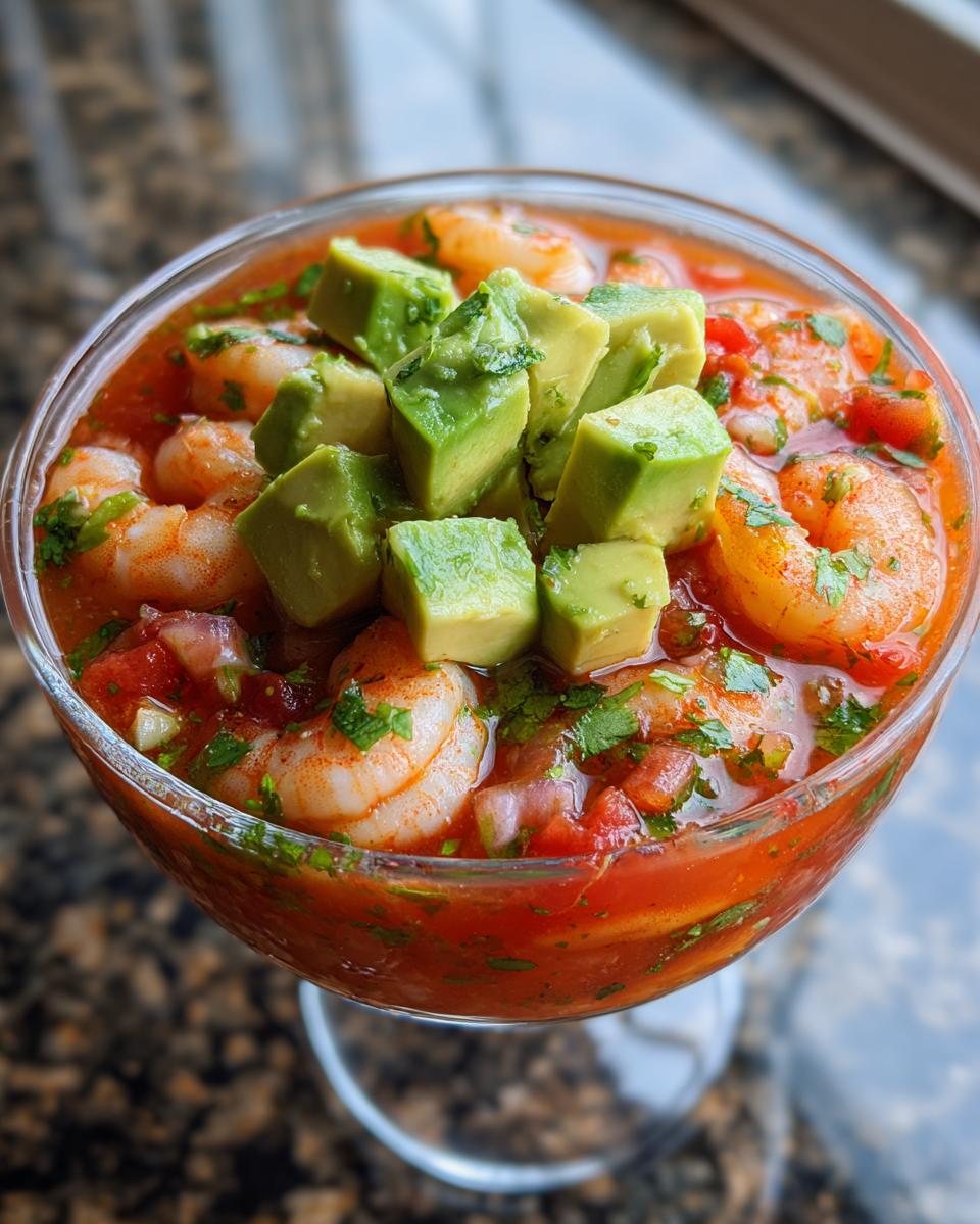Close-up of a glass filled with vibrant mexican shrimp cocktail, topped with diced avocado and cilantro.