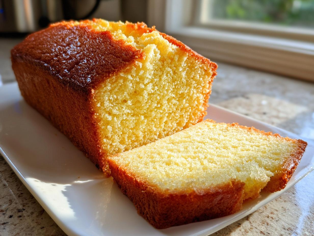 A golden-brown loaf of million dollar pound cake with one thick slice cut and resting beside it on a white platter.