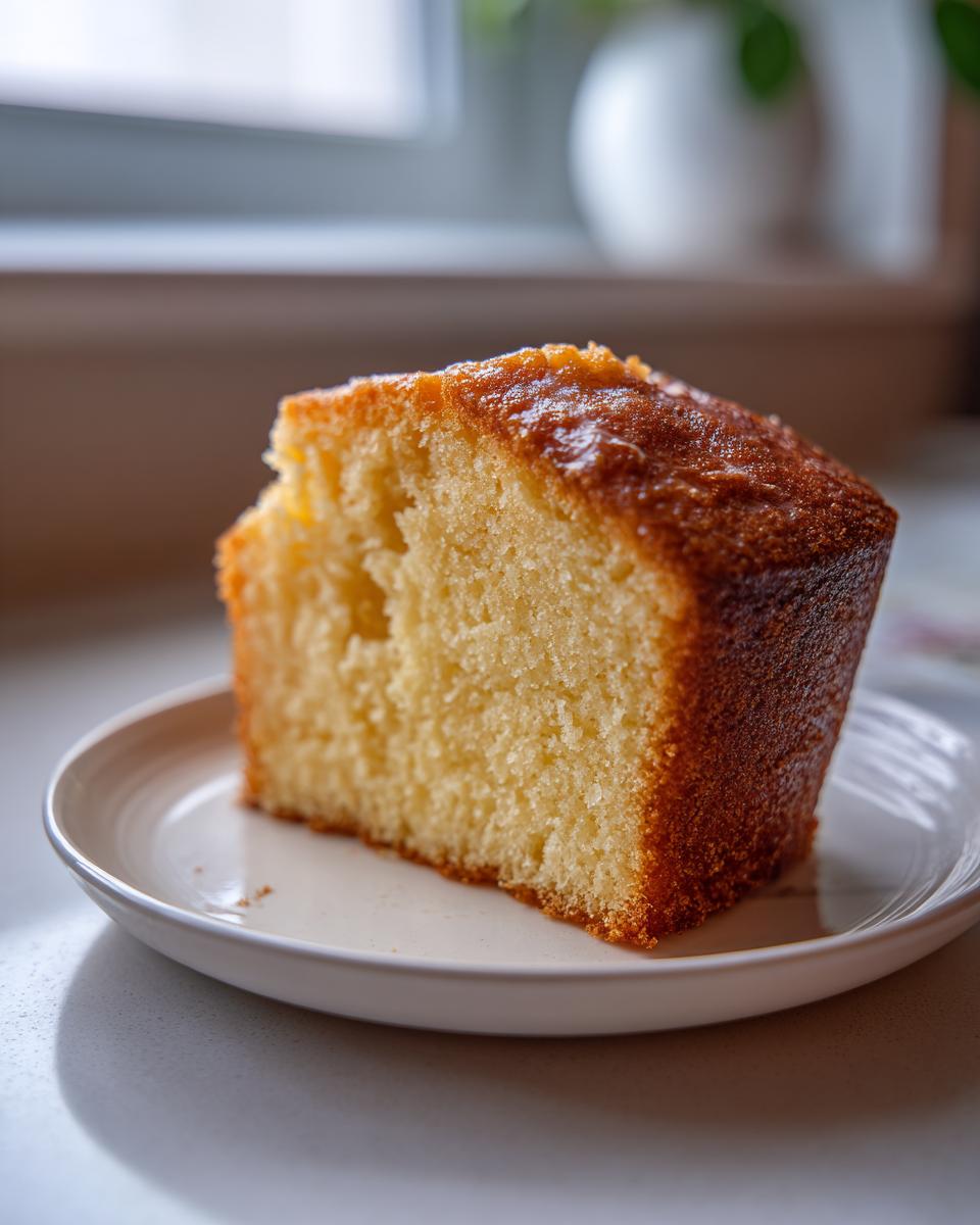 Close-up of a thick slice of moist million dollar pound cake with a golden-brown crust.