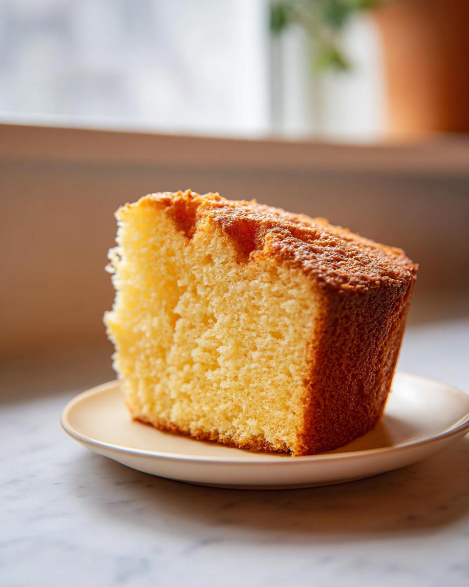 A close-up shot of a thick slice of moist million dollar pound cake on a small plate.