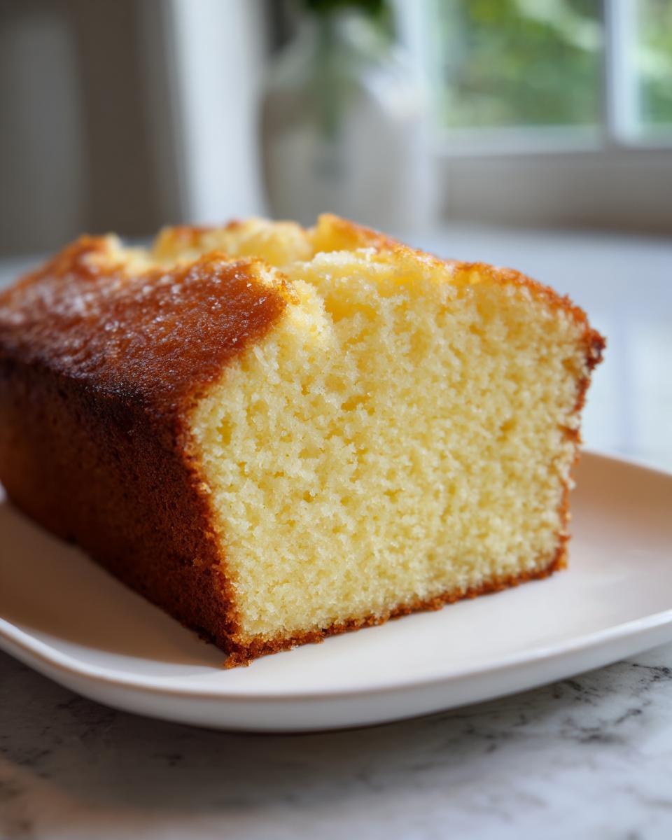 Close-up of a moist slice of yellow million dollar pound cake on a white plate.