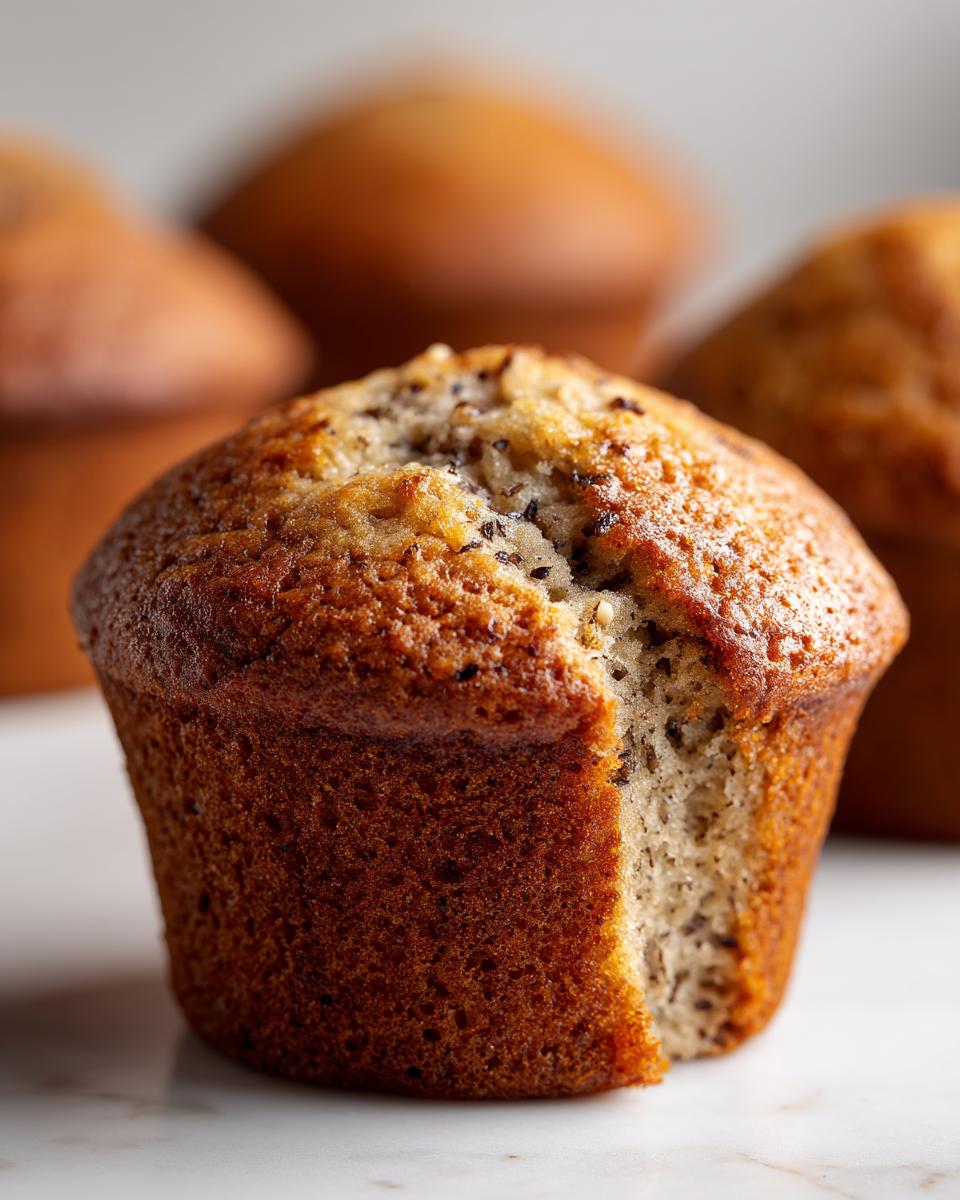 Close-up of a perfectly baked banana nut muffin with a rich brown crust and visible specks of banana inside, a piece is missing.