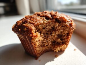 Close-up of a moist bran muffin with a bite taken out, showing the texture.