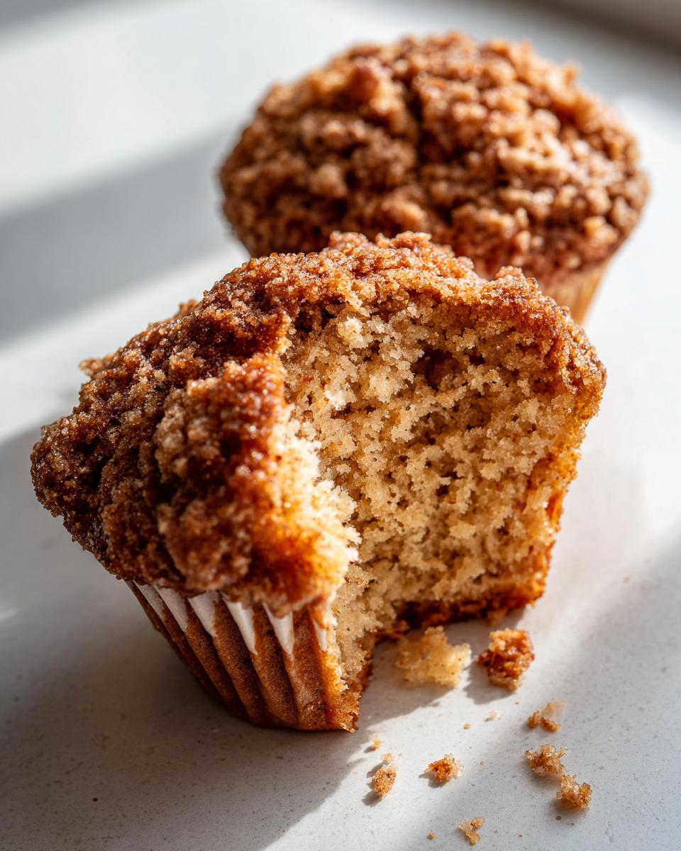 Close-up of a moist bran muffin broken in half showing the crumb texture and brown sugar streusel topping.