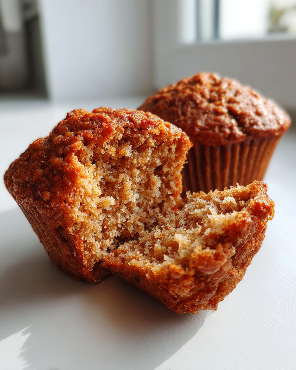 Close-up of a moist bran muffin broken open to show the crumb texture, with another whole muffin behind it.