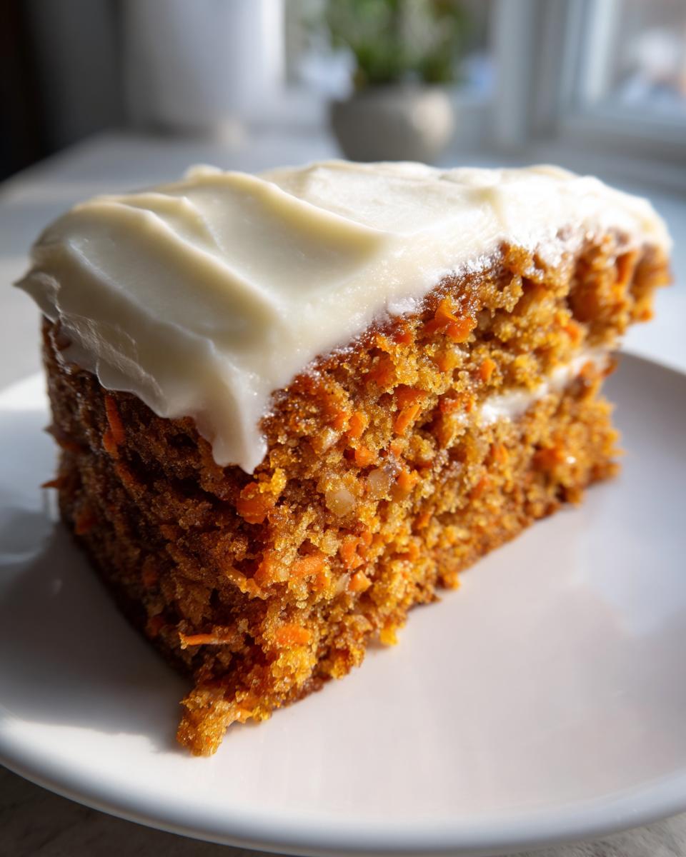 A close-up of a thick slice of moist carrot cake recipe topped with smooth cream cheese frosting.