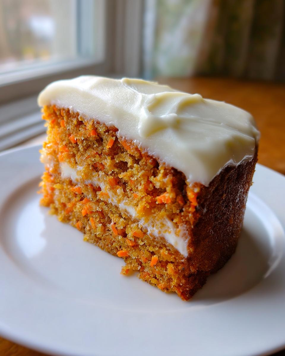 A close-up of a moist slice of carrot cake recipe, featuring visible shredded carrots and thick cream cheese frosting.