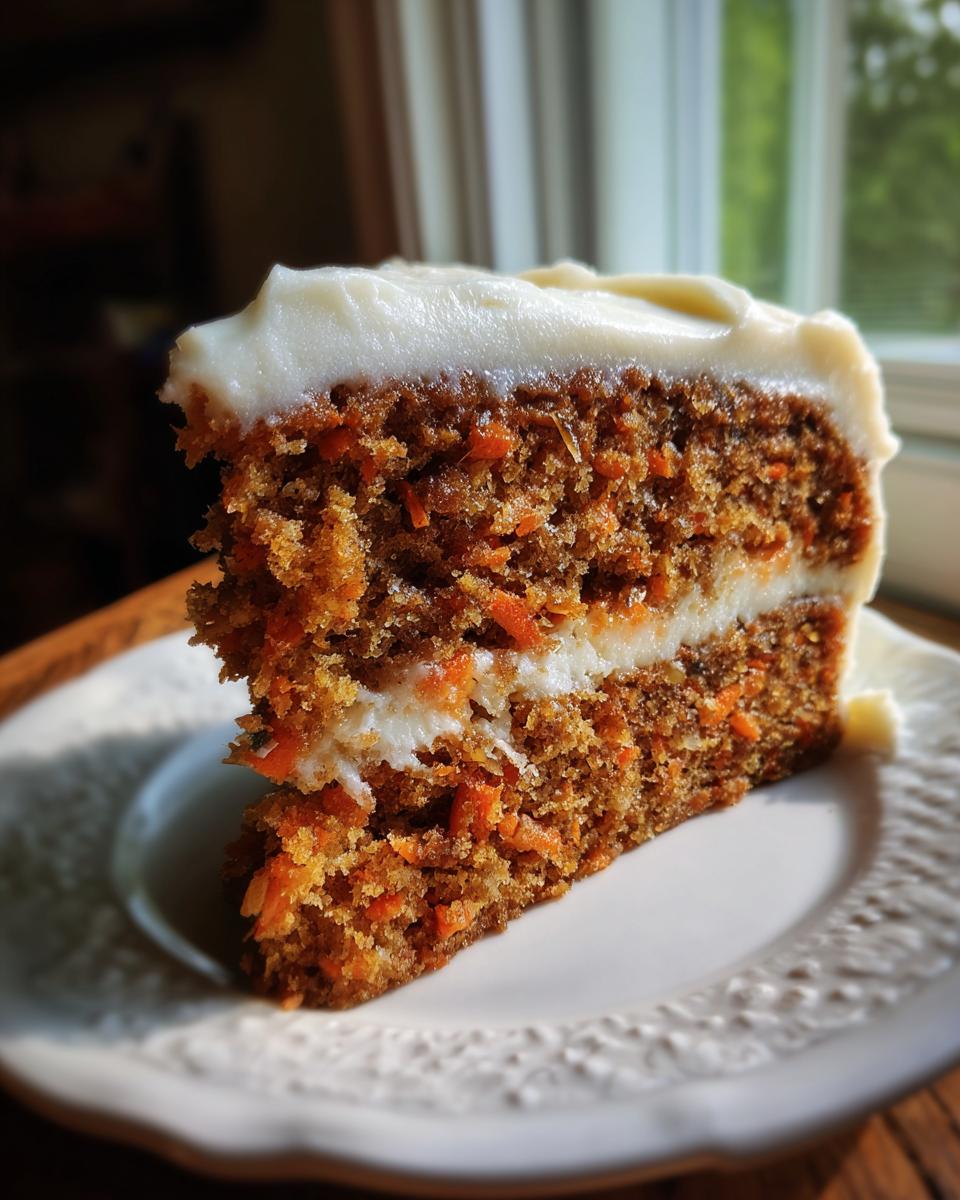 Close-up of a moist slice of carrot cake recipe showing visible shredded carrots and thick cream cheese frosting.