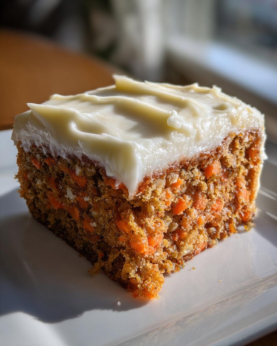 Close-up of a moist slice of carrot cake recipe showing visible shredded carrots and thick cream cheese frosting.