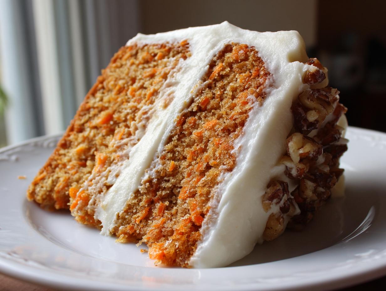 A thick slice of moist carrot cake recipe, layered with cream cheese frosting and covered in pecans.