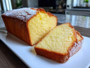 A loaf of moist cream cheese pound cake, sliced to show the dense, yellow crumb, dusted with powdered sugar.