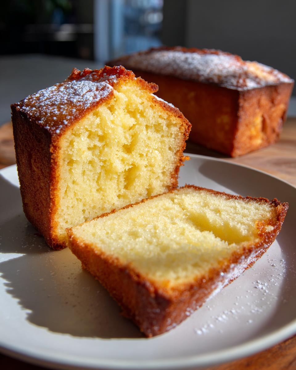 A close-up of a moist slice of cream cheese pound cake dusted with powdered sugar, with the loaf in the background.