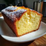 Close-up of a golden, moist slice of cream cheese pound cake dusted with powdered sugar on a white plate.