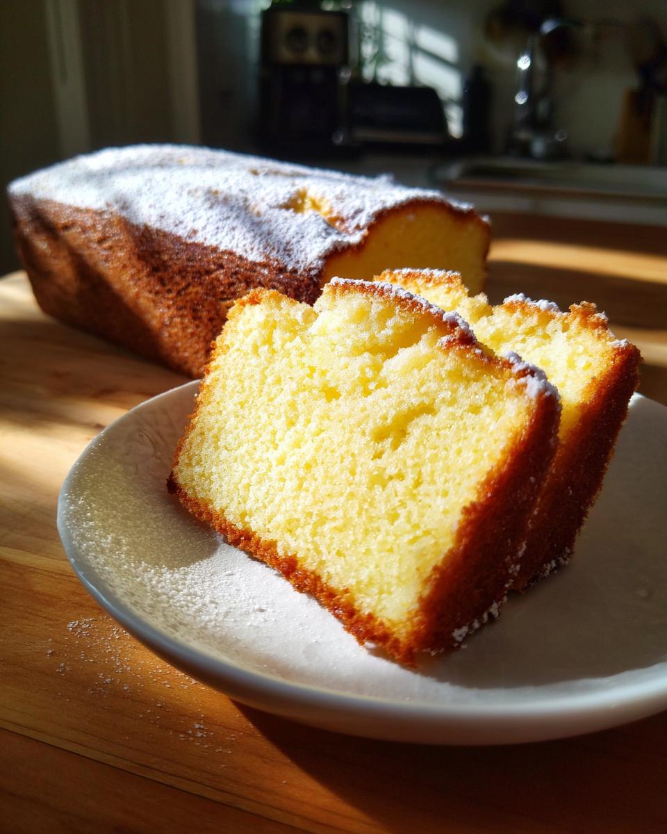 Two thick slices of moist cream cheese pound cake dusted with powdered sugar on a white plate.