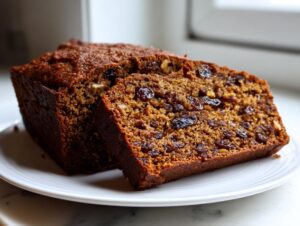 A moist slice of rich brown date nut bread, packed with raisins and nuts, resting against the loaf.