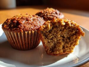 Close-up of a halved honey bran muffin showing its moist, textured interior next to a whole muffin.