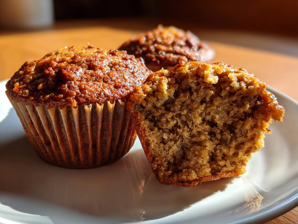 Close-up of a halved honey bran muffin showing its moist, textured interior next to a whole muffin.