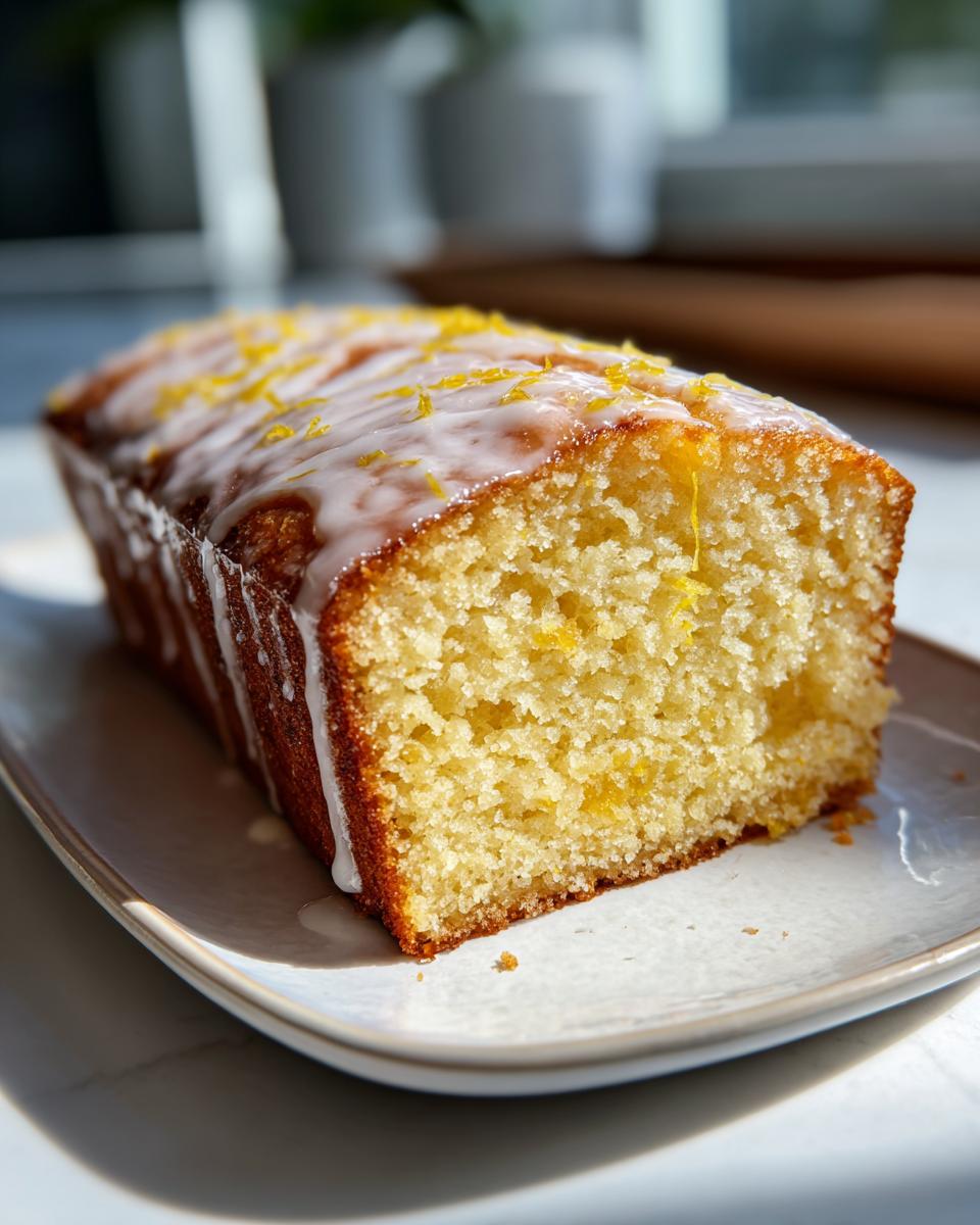 A slice of moist lemon olive oil cake topped with white glaze and bright yellow zest.
