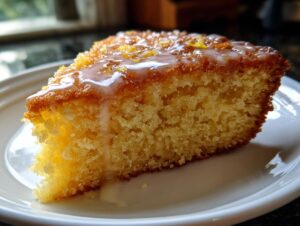 Close-up of a moist slice of olive oil cake topped with a shiny lemon glaze and zest.
