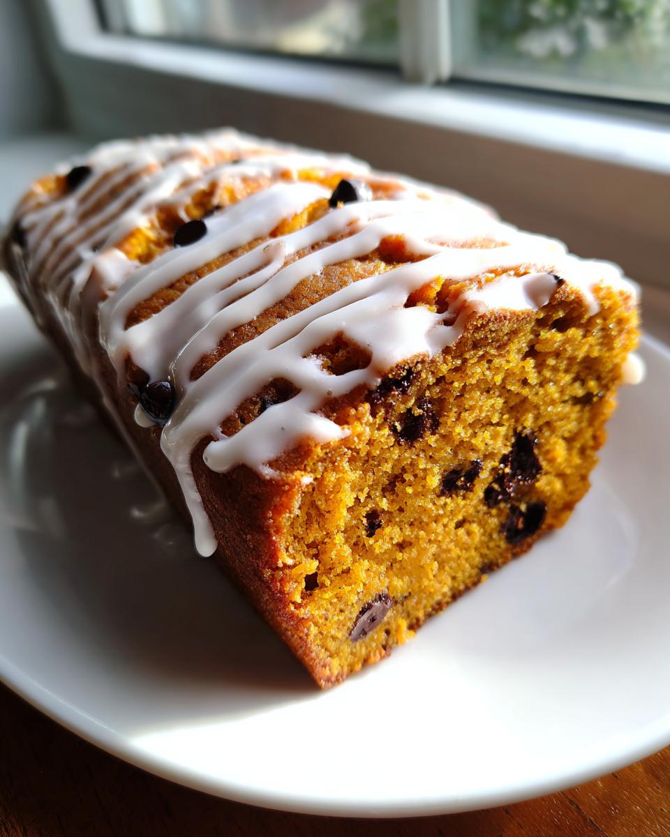 A close-up of a moist chocolate chip pumpkin bread loaf drizzled with white icing, sitting on a white plate near a window.