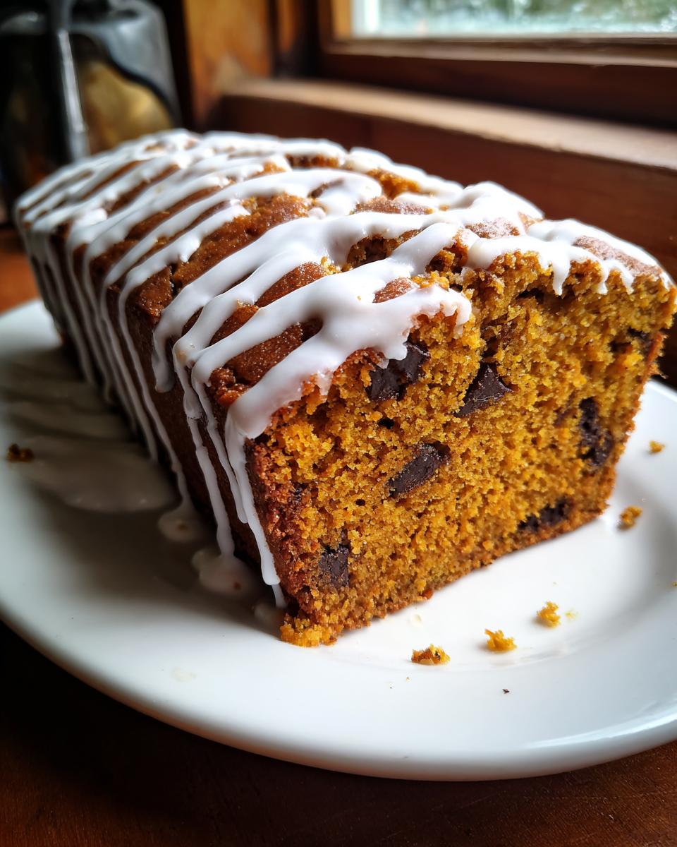 A loaf of moist pumpkin bread studded with chocolate chips and drizzled with white icing.