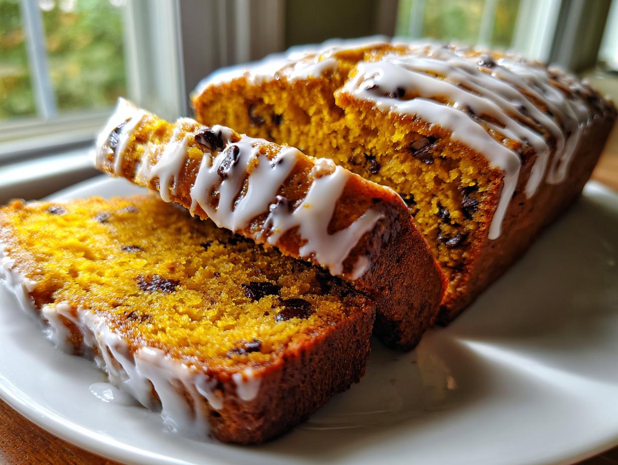 Close-up of moist pumpkin bread loaf with chocolate chips, drizzled with white vanilla glaze, sliced on a white plate.