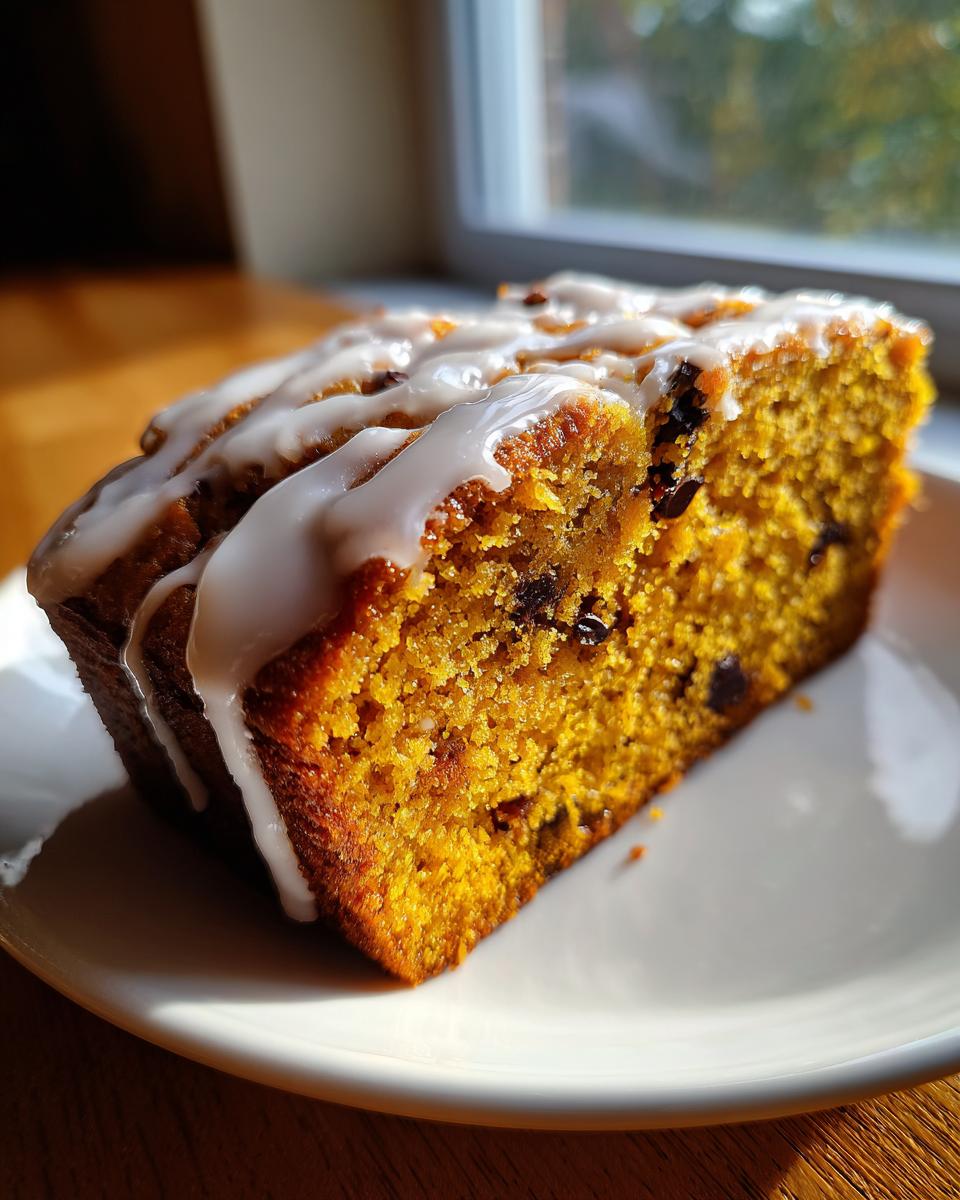 A close-up, sunlit slice of moist pumpkin bread with chocolate chips and a white vanilla glaze.