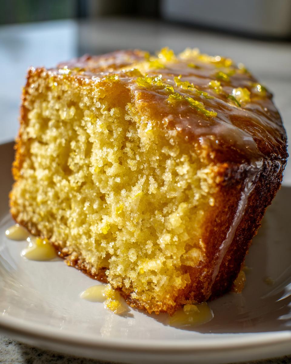 Close-up of a moist slice of yellow olive oil cake topped with a shiny glaze and bright green citrus zest.