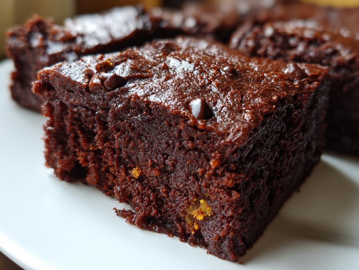 Close-up of a rich, dark chocolate slice of sweet potato brownies topped with melted chocolate chips.