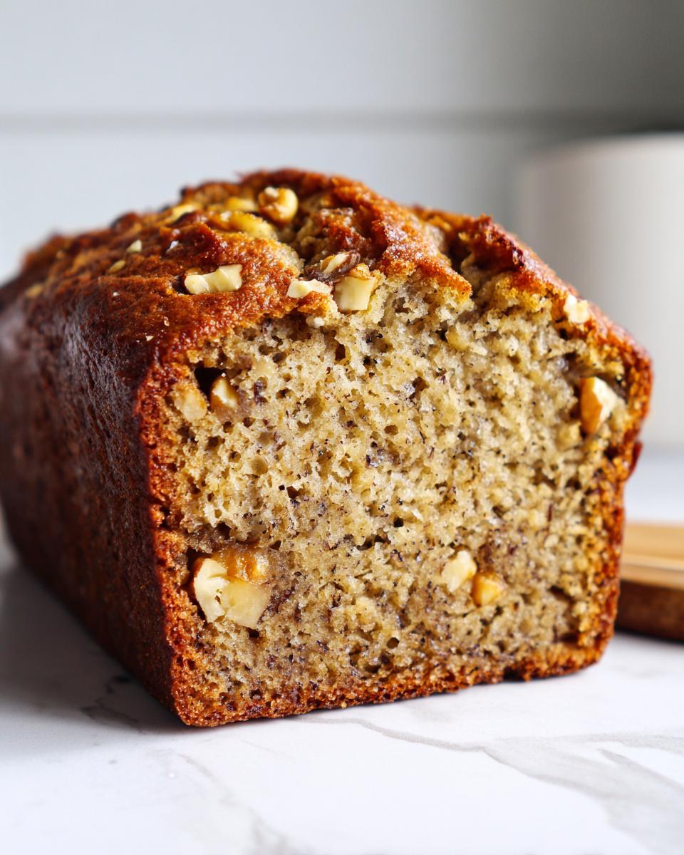 Close-up of a freshly baked loaf of vegan banana bread showing its moist crumb and walnut pieces.