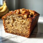 A close-up, cross-section view of moist vegan banana bread topped with walnuts, sitting on a marble surface.