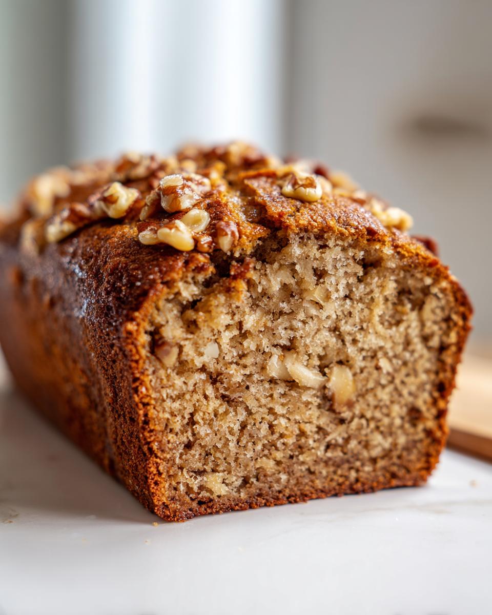 Close-up of a freshly baked slice of vegan banana bread, showing a moist crumb and walnut topping.