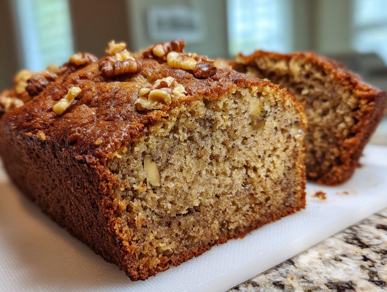 A close-up of a sliced loaf of moist vegan banana bread topped with walnuts on a white cutting board.