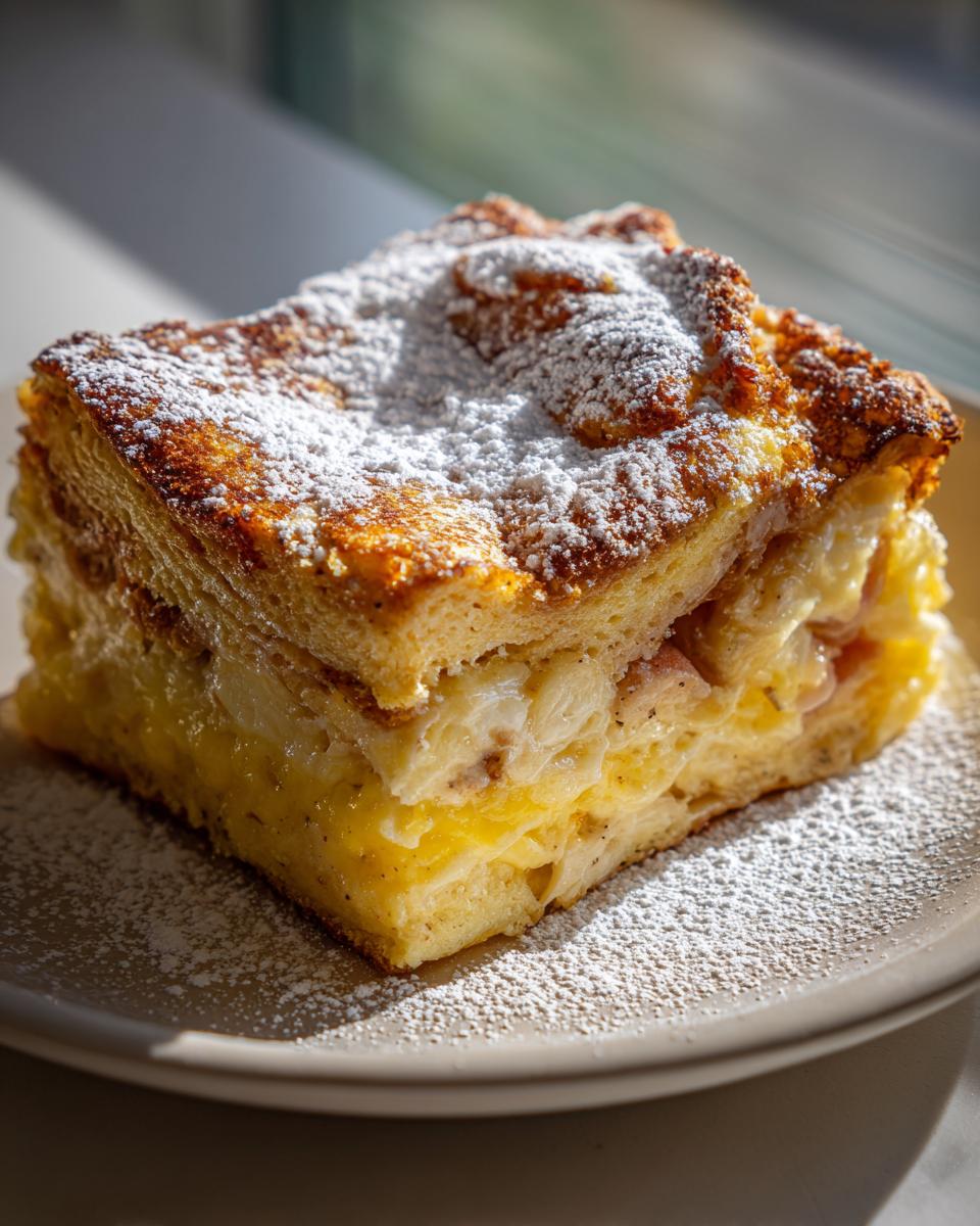 A square slice of golden brown Monte Cristo breakfast casserole dusted heavily with powdered sugar on a plate.