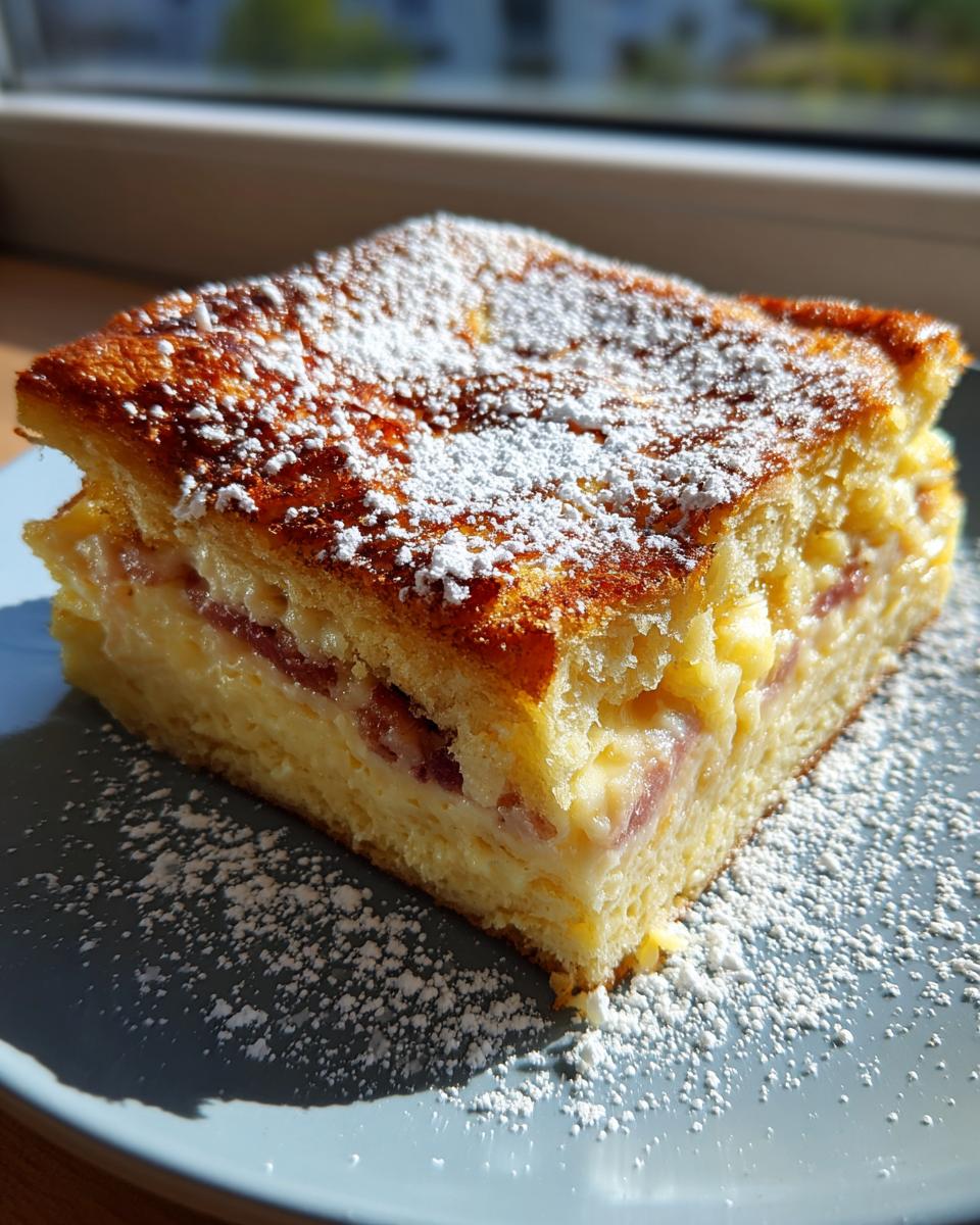A square slice of Monte Cristo breakfast casserole, golden brown and topped with powdered sugar, served on a blue plate.