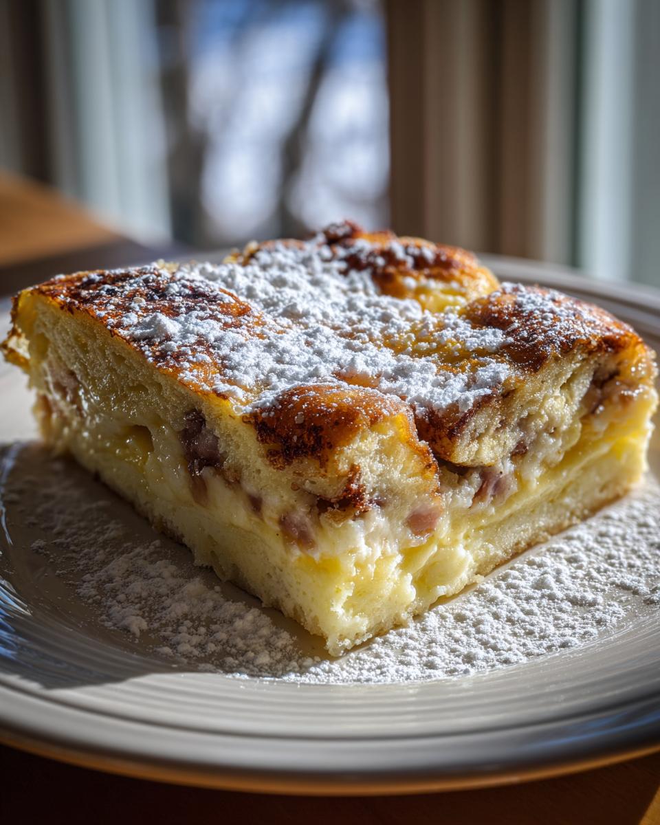 A golden-brown slice of Monte Cristo breakfast casserole dusted heavily with powdered sugar on a light plate.