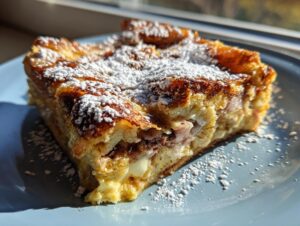 A close-up slice of Monte Cristo breakfast casserole, golden brown and dusted heavily with powdered sugar, sitting on a blue plate.