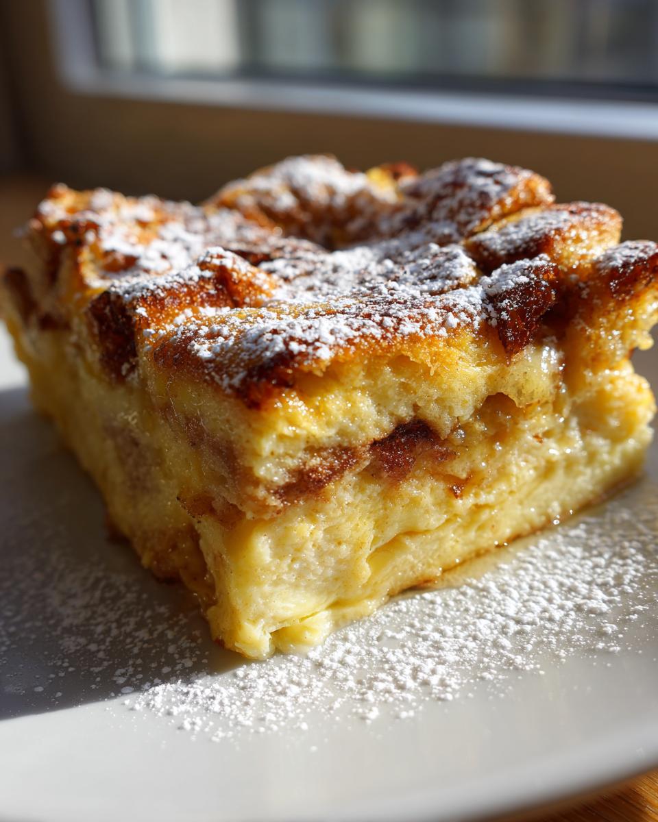A close-up of a golden-brown slice of Monte Cristo breakfast casserole dusted with powdered sugar on a white plate.