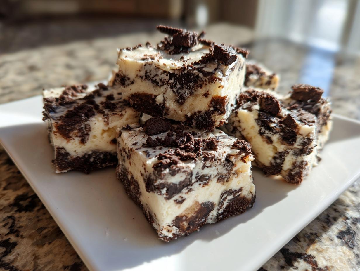 Close-up of several creamy white and dark chocolate squares of Oreo fudge stacked on a white plate.