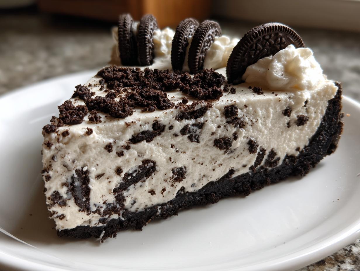 A close-up of a rich slice of oreo cheesecake with a dark crust, creamy filling, and Oreo cookie garnish.